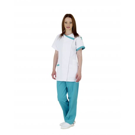 Blouse médicale femme blanche et bleu, poche stylo - Rémi Confection