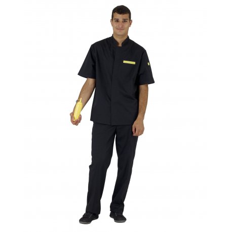 Veste de cuisine homme manches courtes noire, empiècements jaune - Rémi Confection