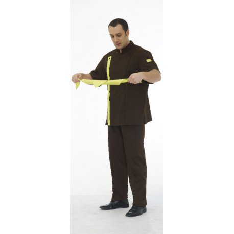 Veste de cuisine homme manches courtes marron, avec liseret jaune - Rémi Confection