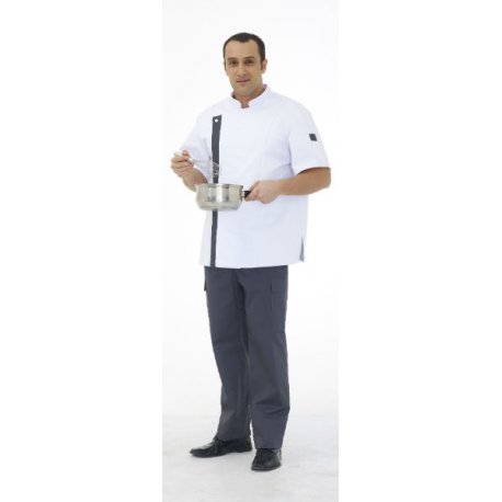 Veste de cuisine homme manches courtes blanche, avec liseret gris - Rémi Confection