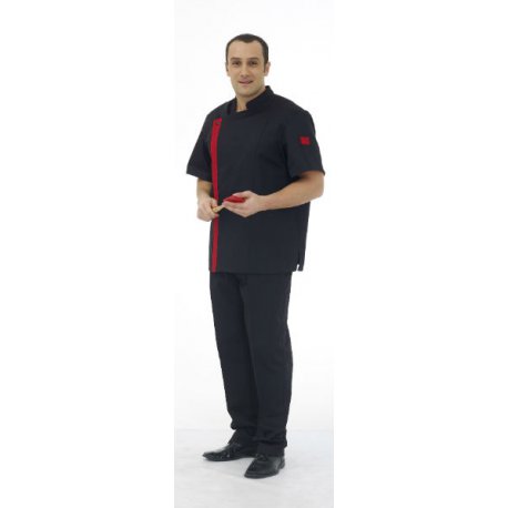 Veste de cuisine homme manches courtes noire, bande rouge - Rémi Confection
