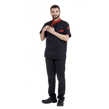 Veste de cuisine homme manches courtes noire, avec liseret rouge - Rémi Confection